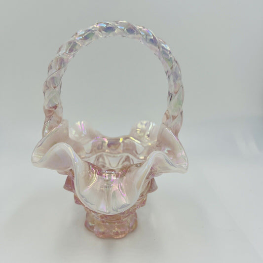 Fenton Basket Butch Wright Carnival Glass Pink Opalescent Home Decor Handle Art