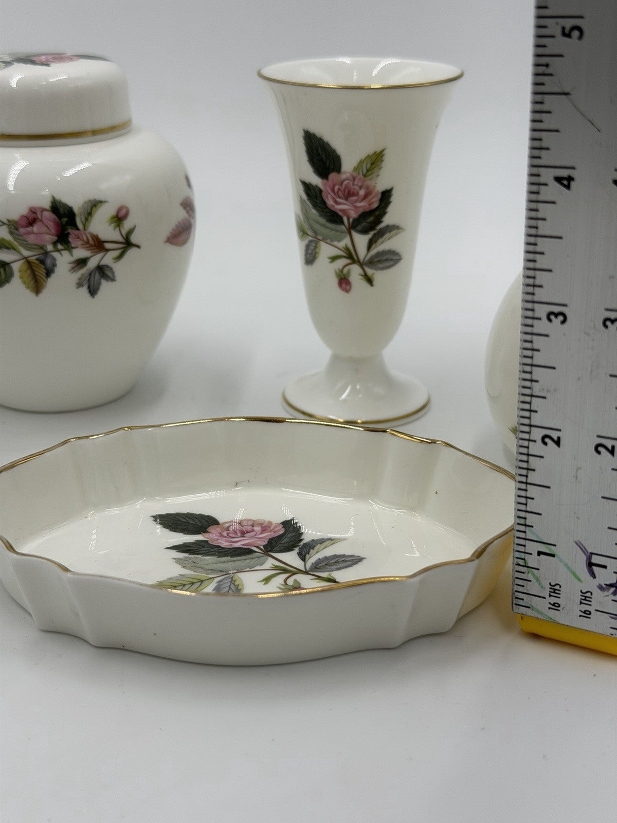 Wedgwood Bone China England Hathaway Rose Lot 7 PCs Vases Trinket Tray