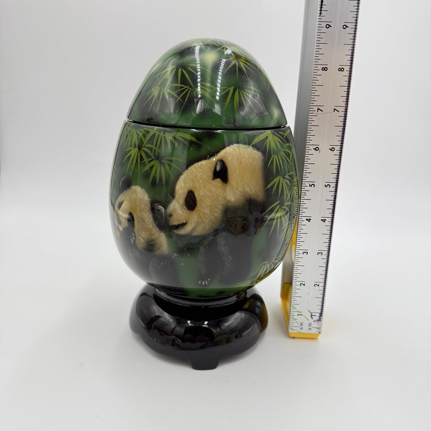 Lacquer Box Panda Bear Vtg wooden hand painted trinket box 7.5"x4" base