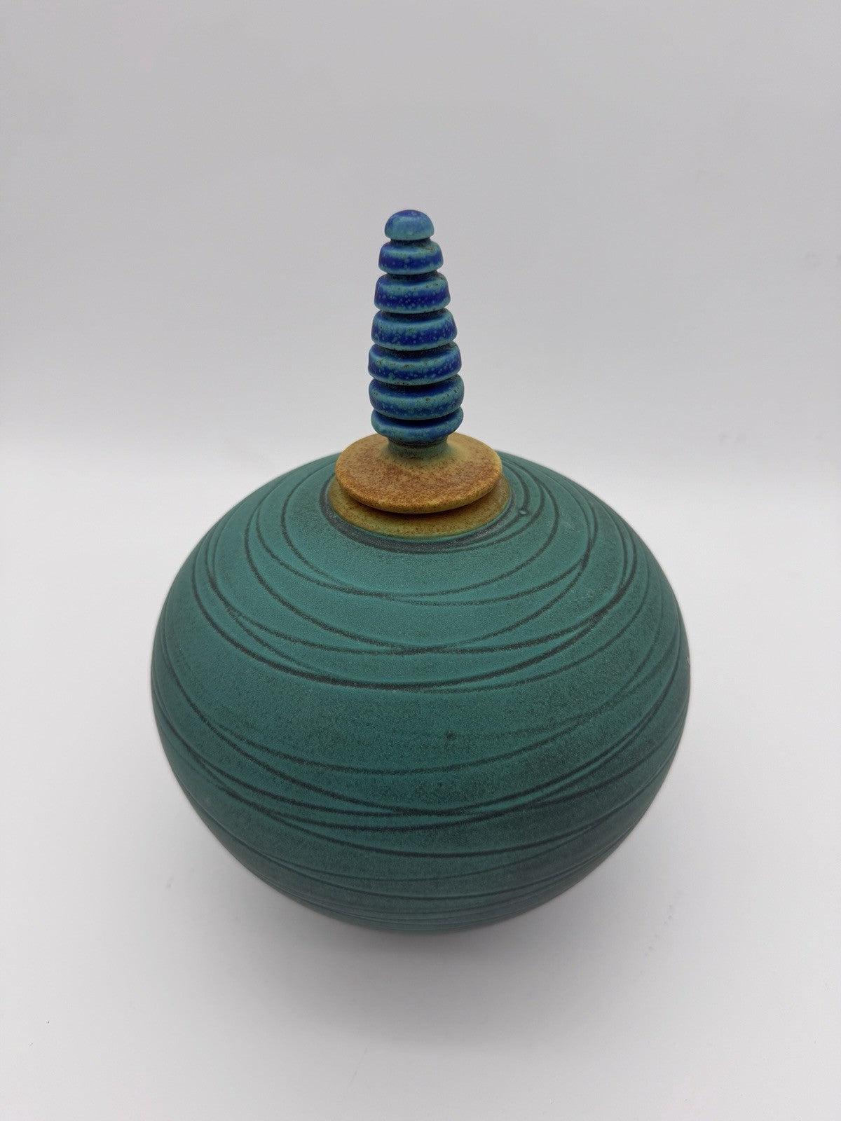vintage Marali Blalu studio art pottery turquoise W/stopper Urn Genie Vase