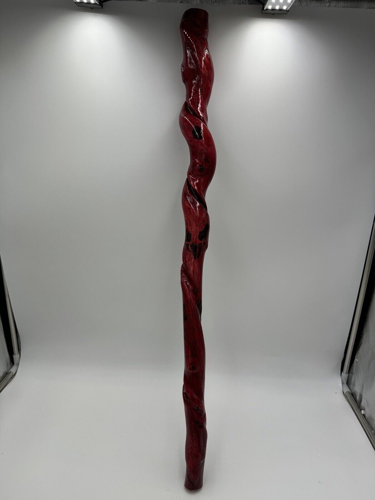 Folk Art Twisted Wood Hand Carved Painted Pink Walking Stick 33in L Vintage