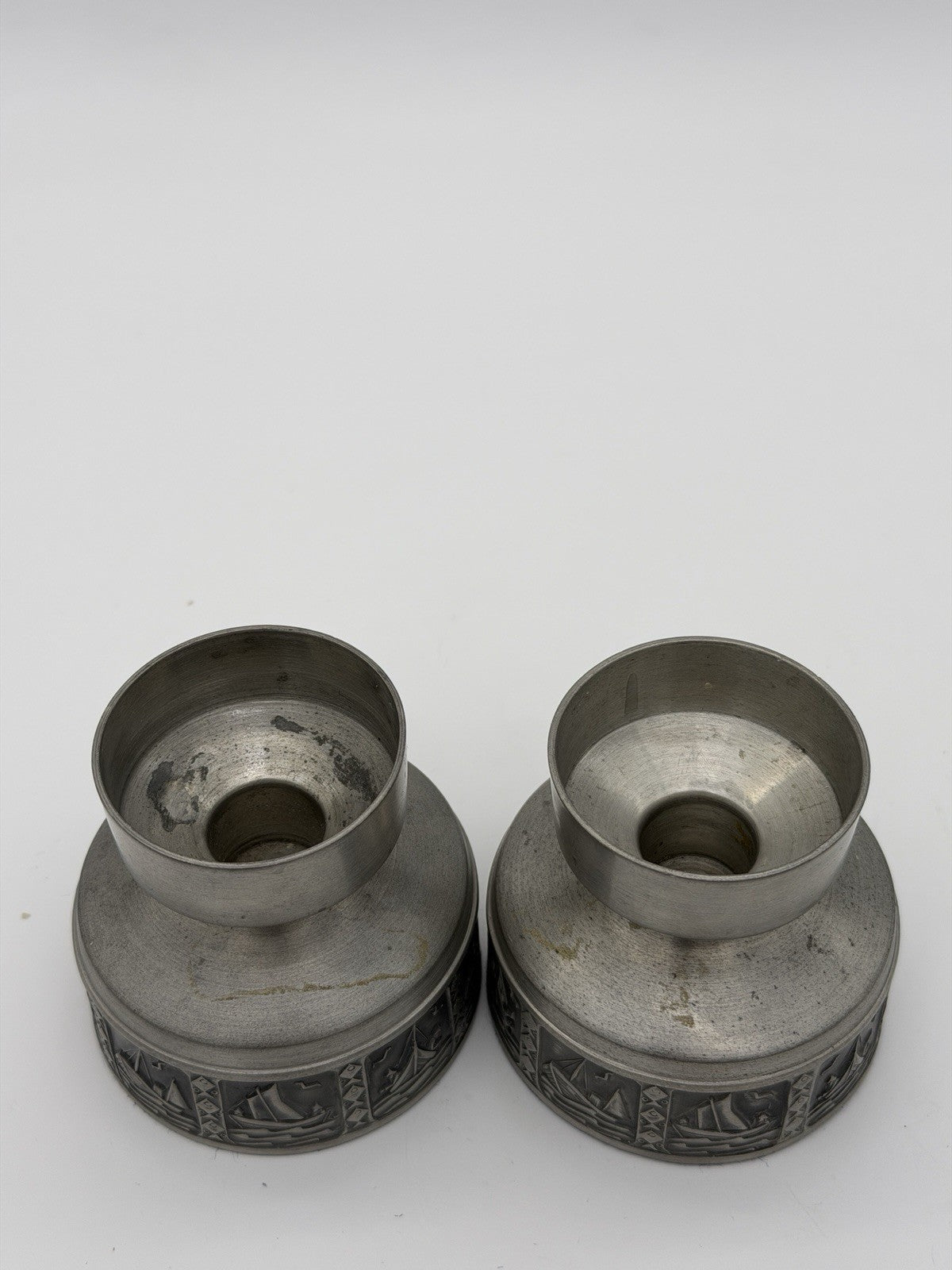 Selandia Norway Pewter Short Candlestick 1960’s Nautical Sailing Boat 2.5”H Pair
