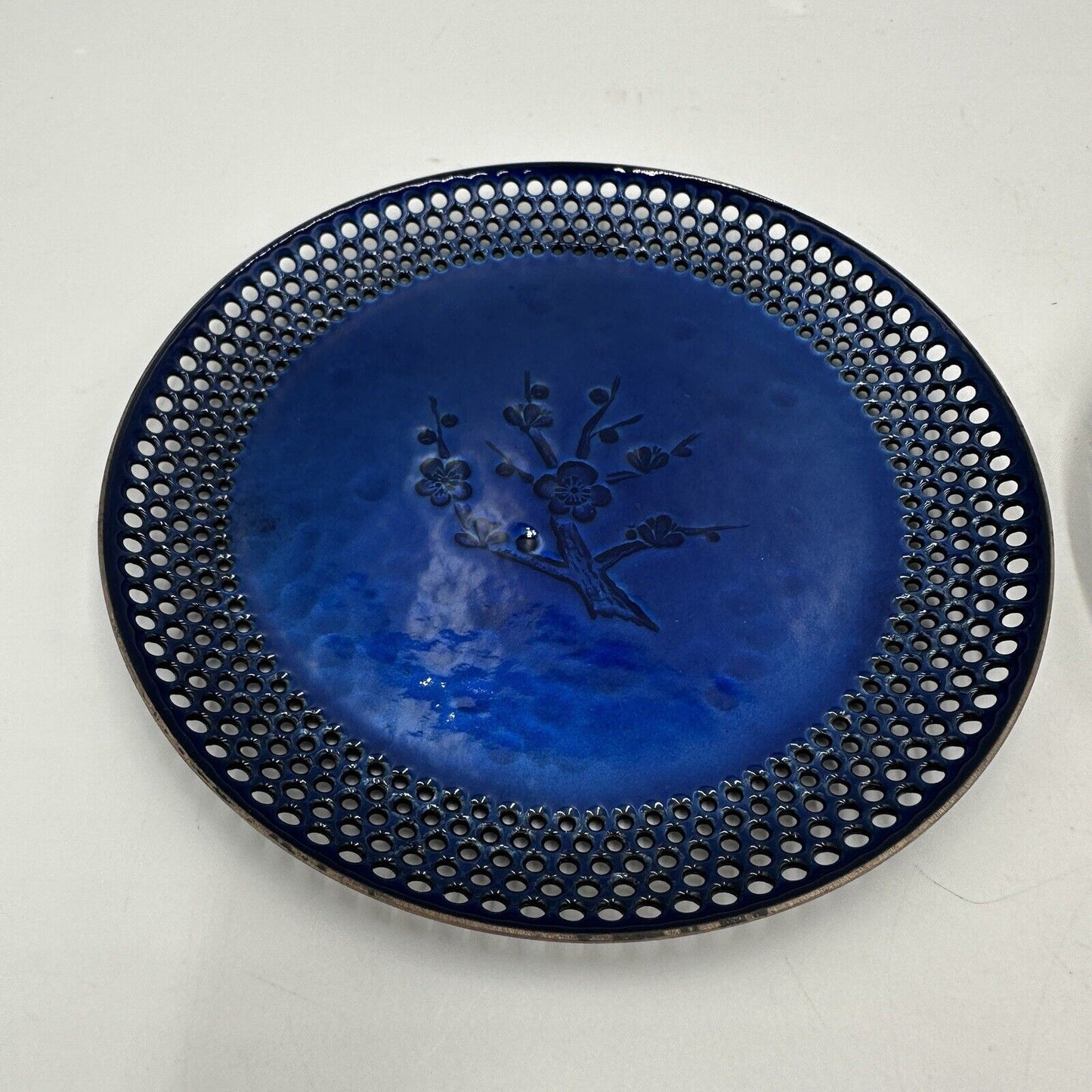 Ando Cloisonné 2 Plates Cobalt Blue Enamel Open Work Rims Japan Small Vintage