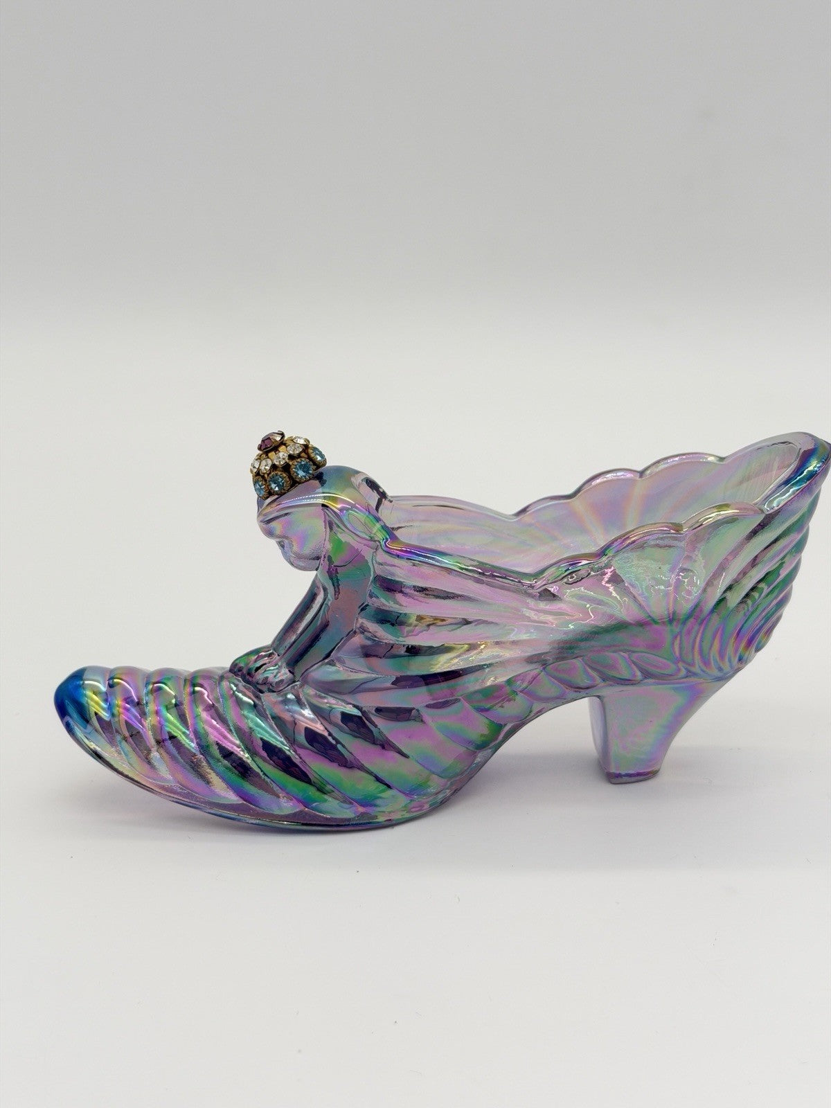 Fenton Carnival Art Glass Amethyst Iridescent Slipper Shoe Cat Head Rhinestone