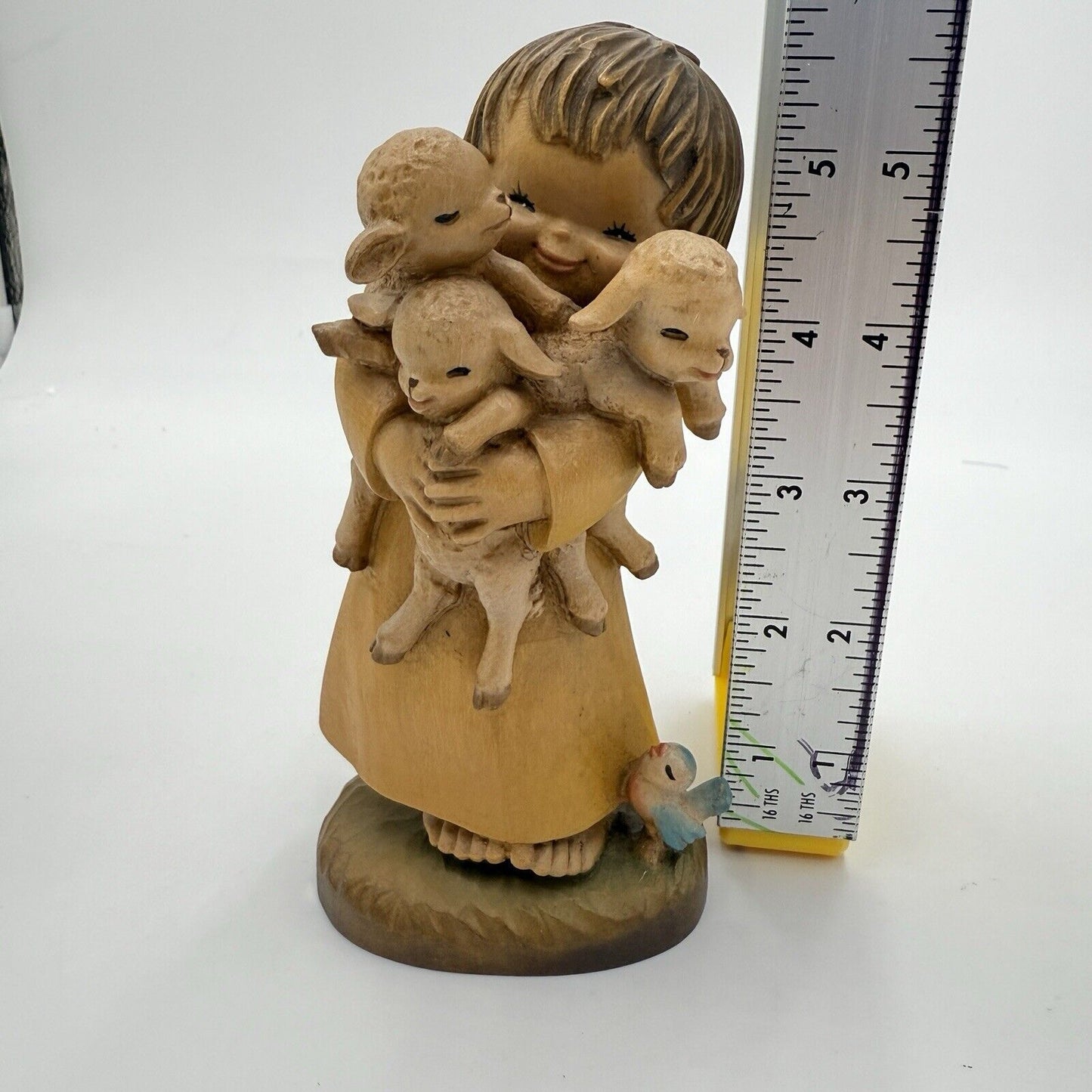 Vtg ANRI FERRANDIZ 5” Wood Carved Figurine Spring Arrivals Girl W/lambs Italy