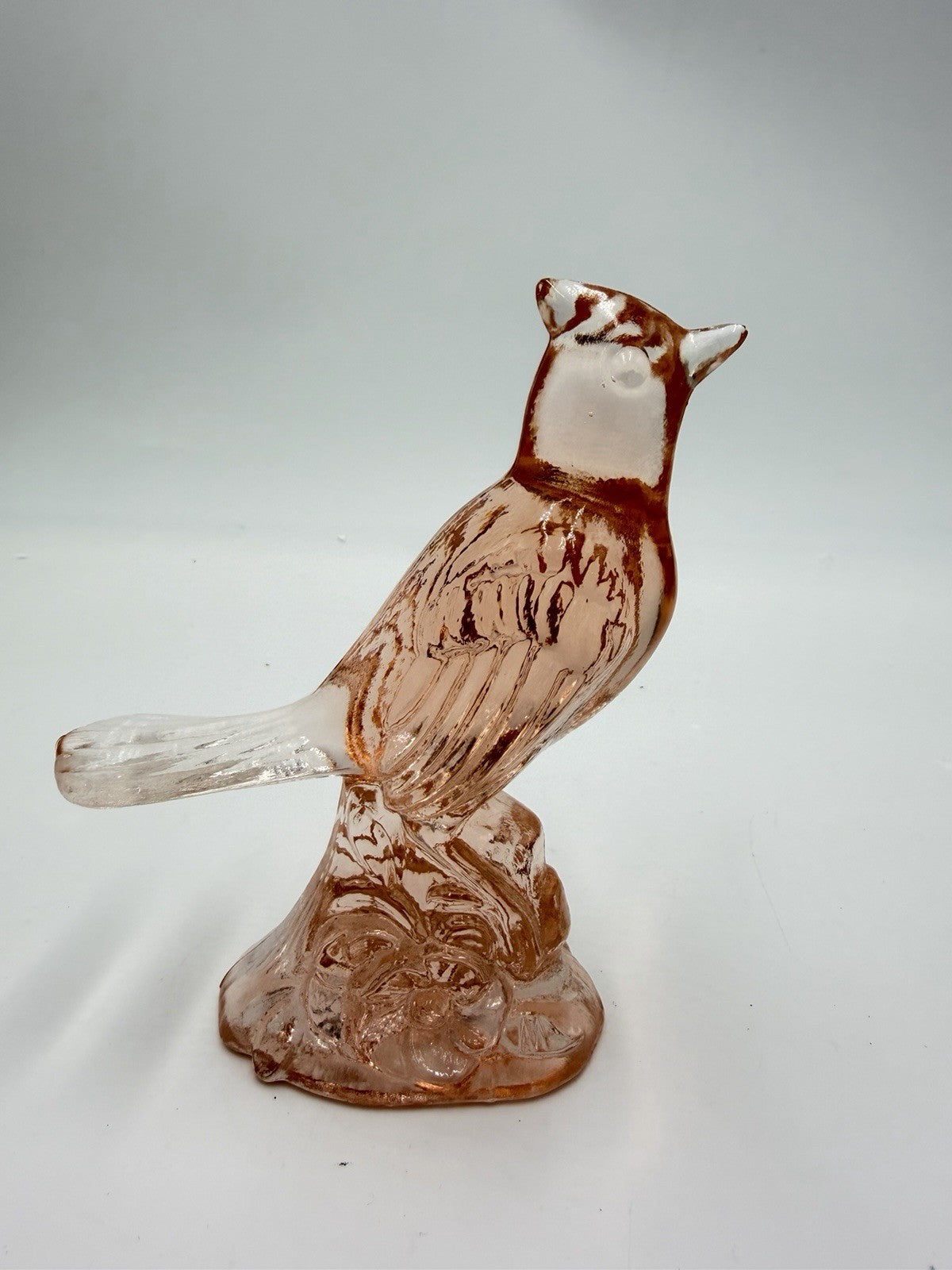 Vintage Mosser Art Glass Peach Frosted Cardinal Bird Figurine 5”H X5”L