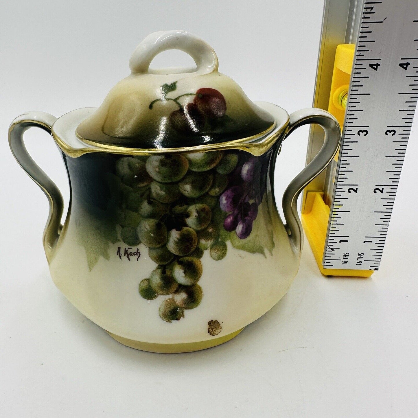 J & C Bavaria Sugar Bowl Louise Lid Hand Painted Grapes Vine Antique Porcelain