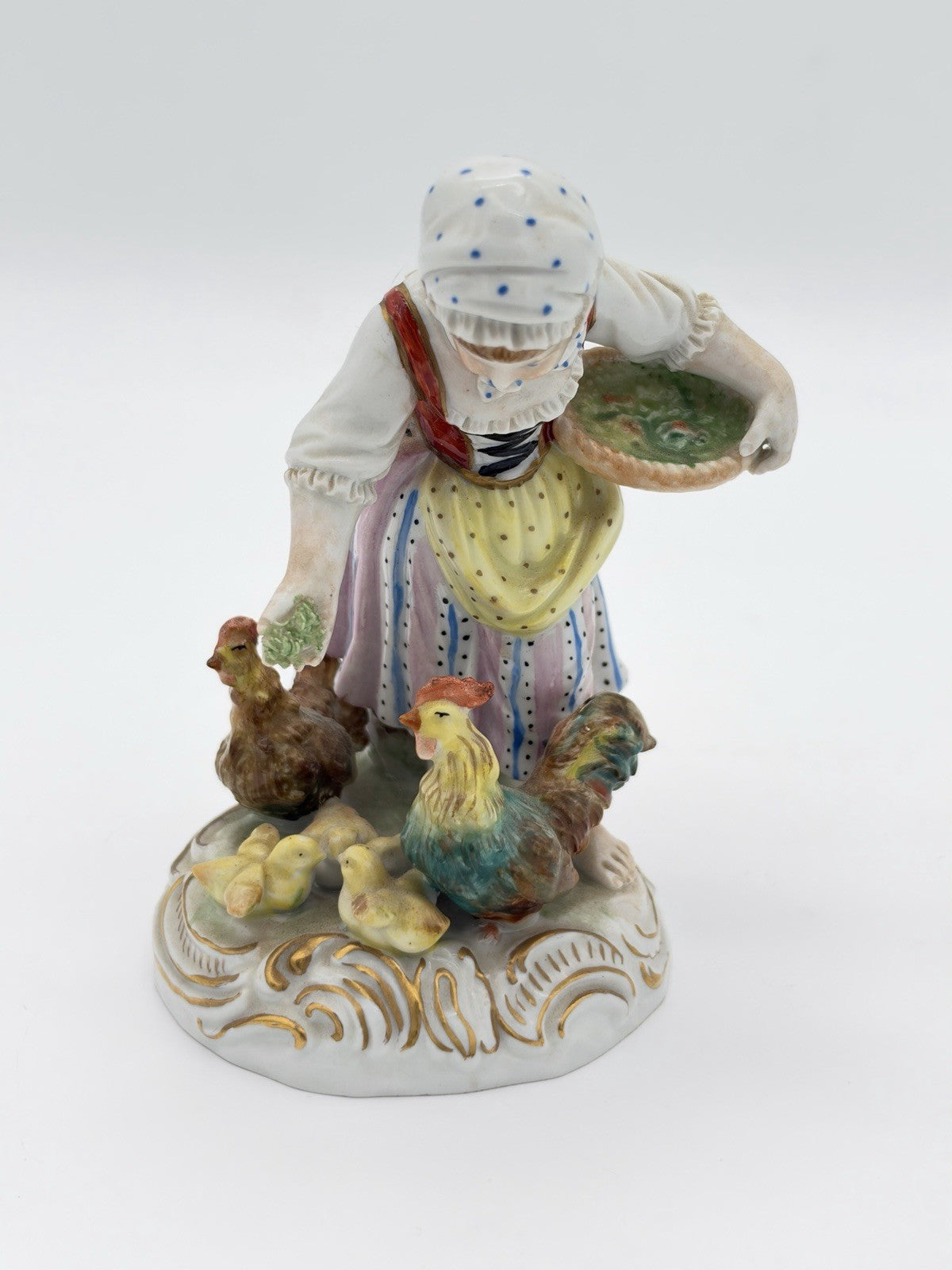 Antique Carl Thieme Dresden Germany Porcelain Painted Girl Feeding Chicken Figur
