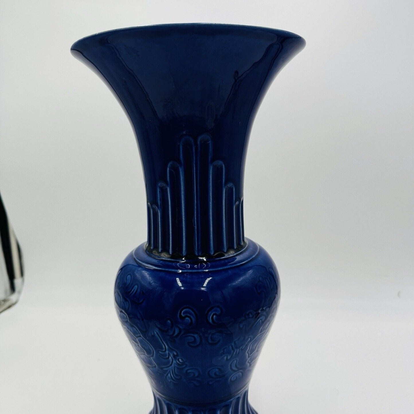 Hyalyn Pottery Vase 15in Cobalt Blue Floral Etched USA #571 MCM Large Standing