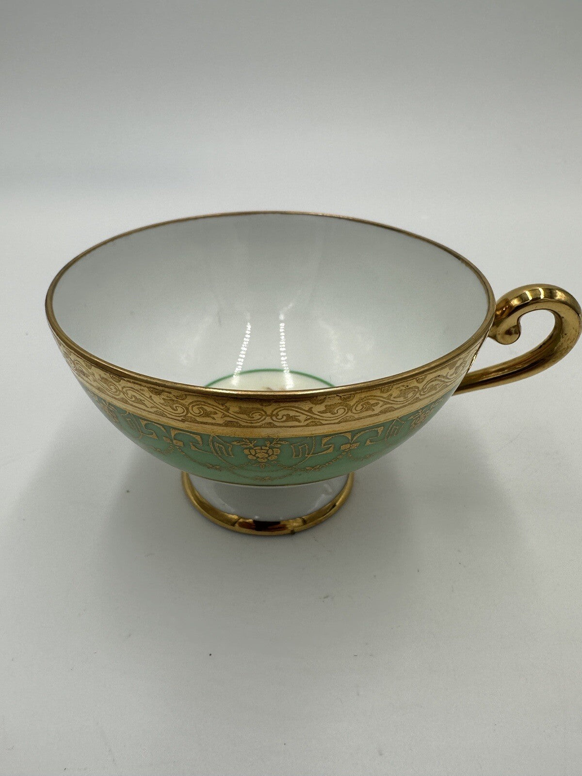 Czchoslovakia Bohemia Teacup Footed 24K Gold Encrusted Green Serveware Porcelain