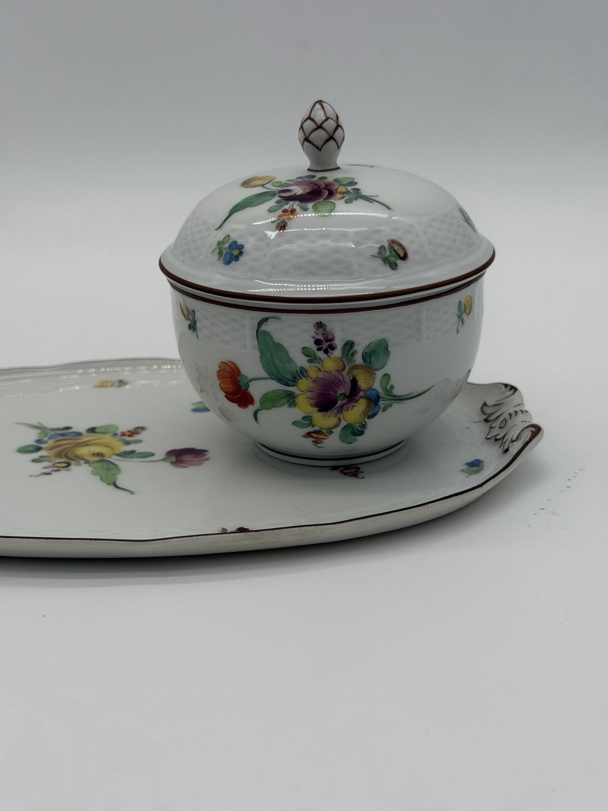 Antique Nymphenburg Porcelain Floral Sugar Bowl & Tray Basket Weave Set 2 PCs