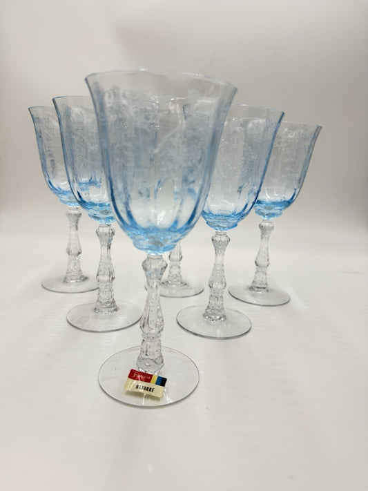 Fostoria Navarre Blue Art Glass Water Goblets Vintage Etched Floral 7.5” Set 6