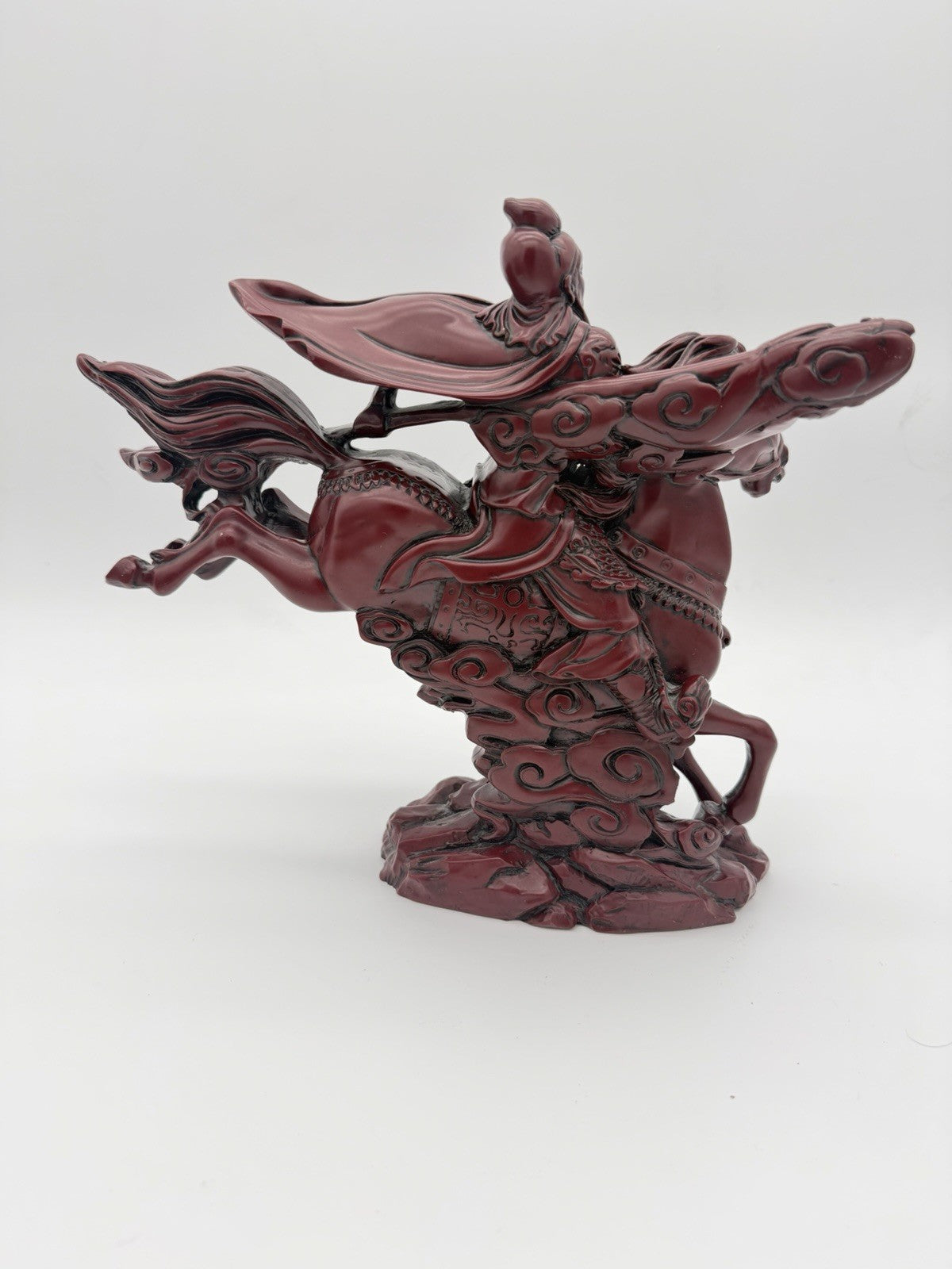 Large Chinese Red Resin Guan Yu Warrior Riding Galloping Horse Sculpture 10”x12”