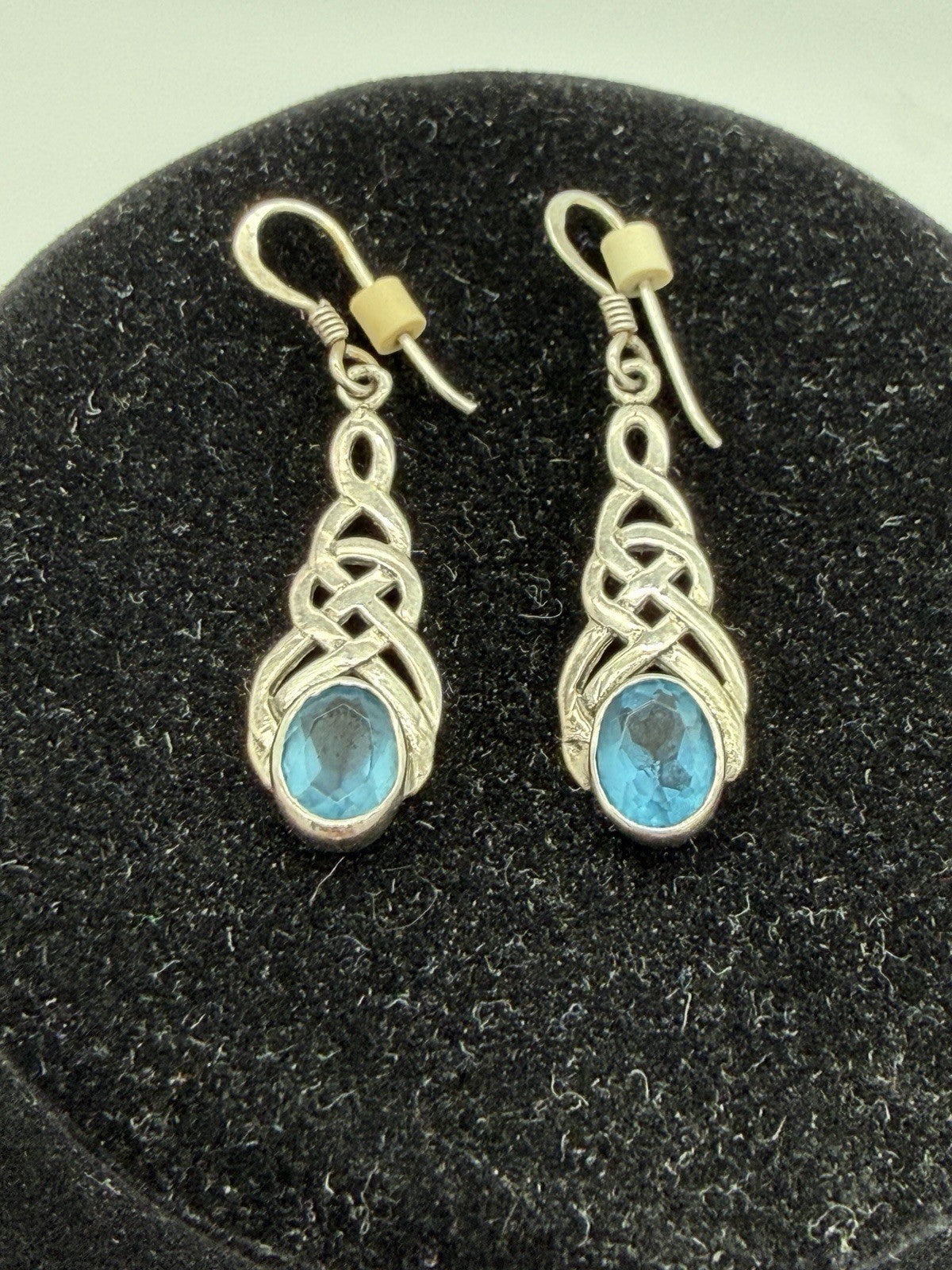 Vintage Sterling Silver & Blue Topaz Scottish Celtic Drop Dangle Earrings