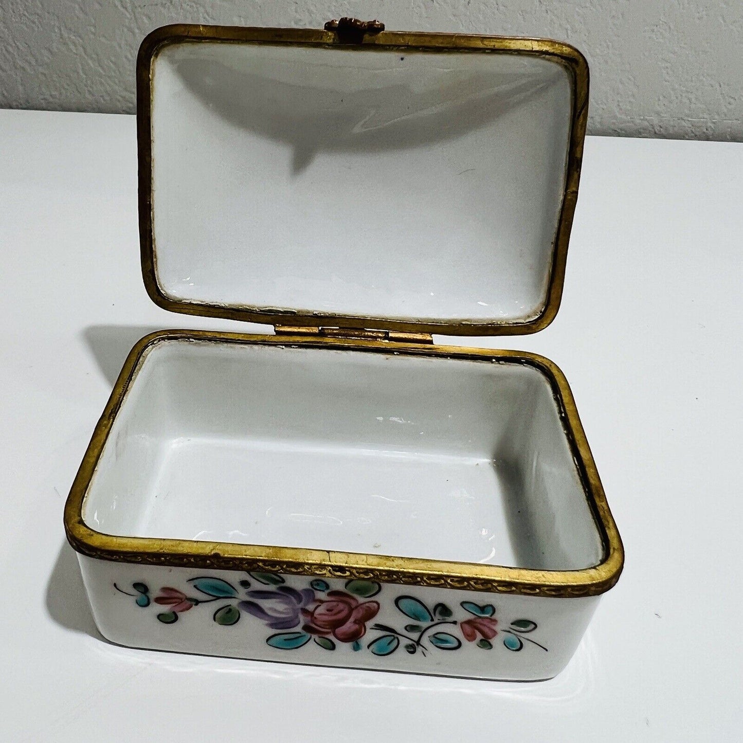 French Trinket Box Porcelain Floral Decoration Made In France with Lid Antique