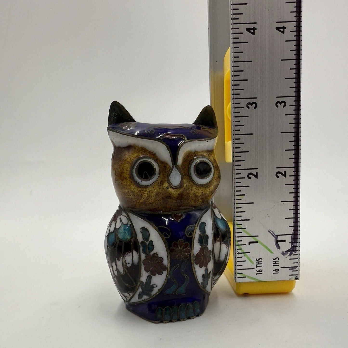 Vintage Cloisonne Chinese Brass Enameled Owl Figurine 3”