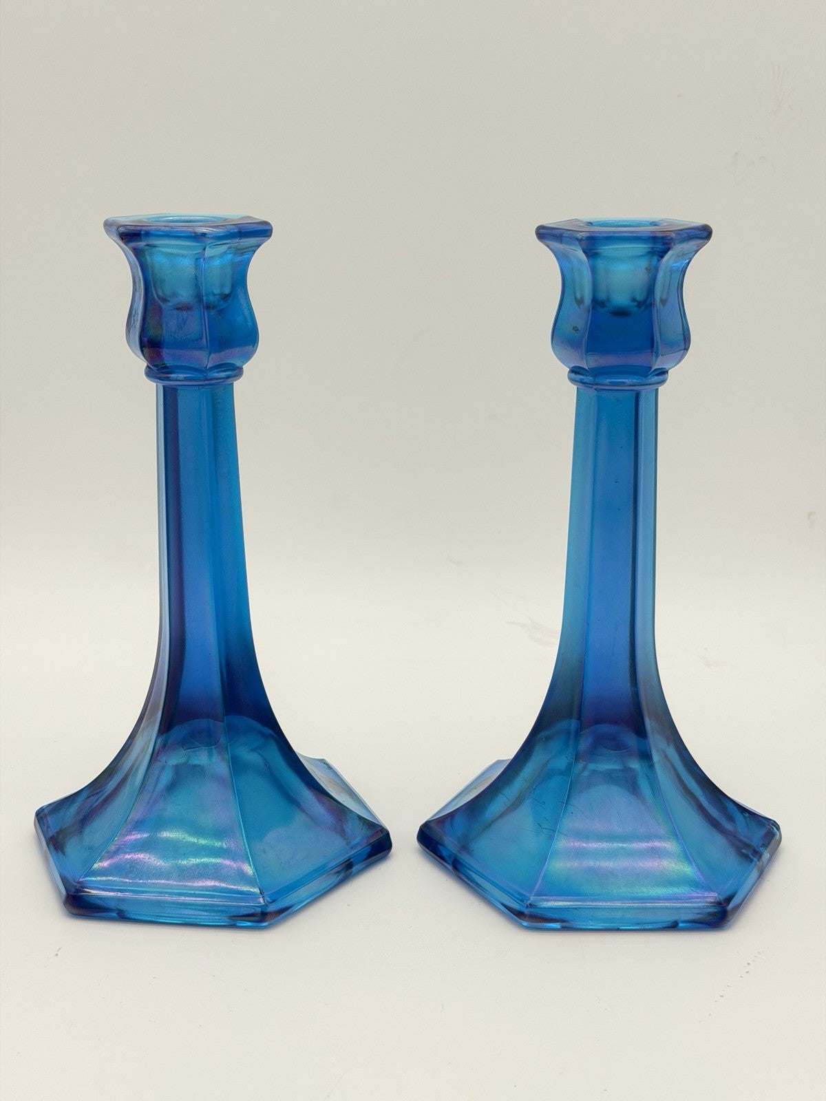Fenton Florentine Celeste Blue Iridescent Carnival Art Glass Candle Sticks