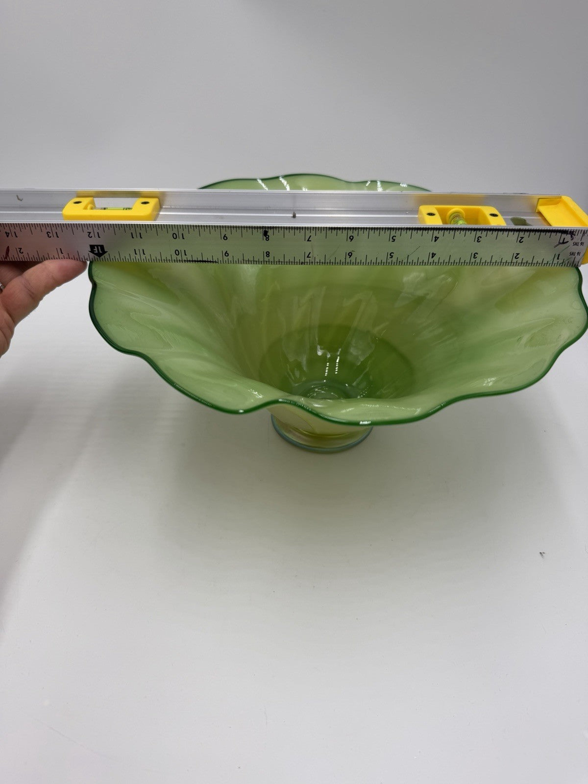 Rick Strini Art Glass Signed Green Lime Iridescent Swirl Bowl 2001 5.5”Hx12”W