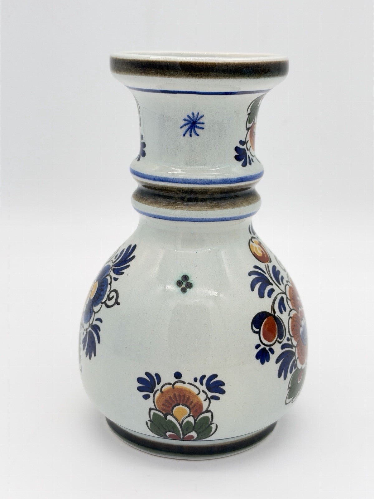 Delft Dutch Art Pottery Polychroom Pitcher Hand-Painted Floral Ceramic Vase 6”