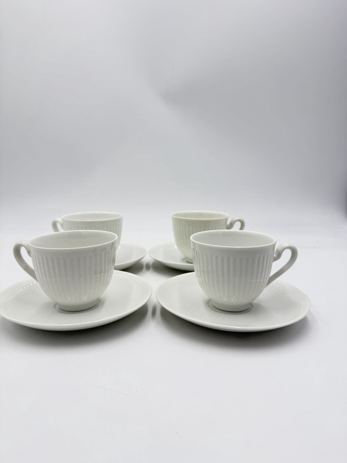 Royal Copenhagen Denmark White Georgiana Flat Demitasse Cups & Saucers 4 Sets