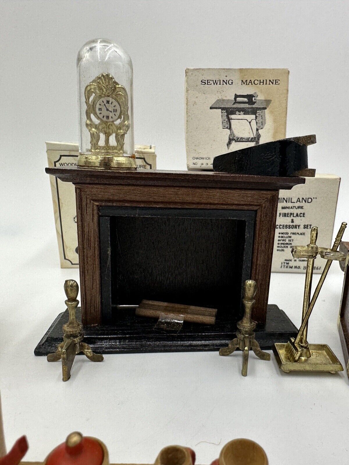 Dollhouse Furniture Lot Clock Sewing Machine Land Chest Fireplace Chair Vintage