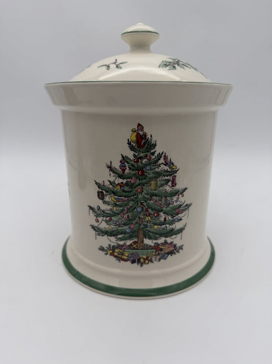 Spode Christmas Tree Canister Cookie Jar W/Rubber Seal On Lid 9”H Vtg England
