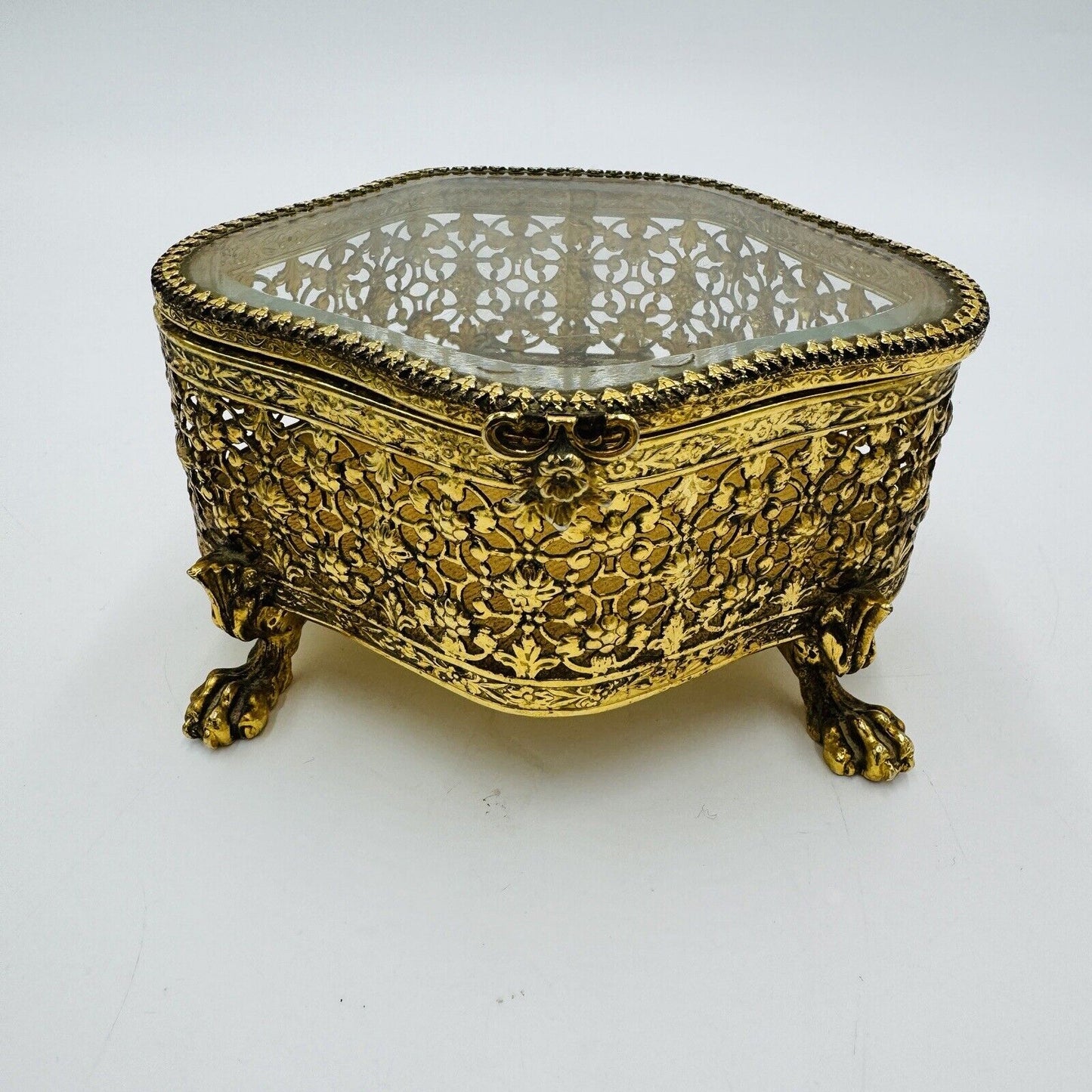 French Beveled Glass Gold Filigree Ormolu Jewelry Casket Box Claw Foot Vintage