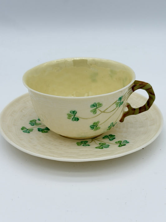 Belleek Ireland Porcelain 2ND GRN/1955 Shamrock Beige Saucer & Teacup Set