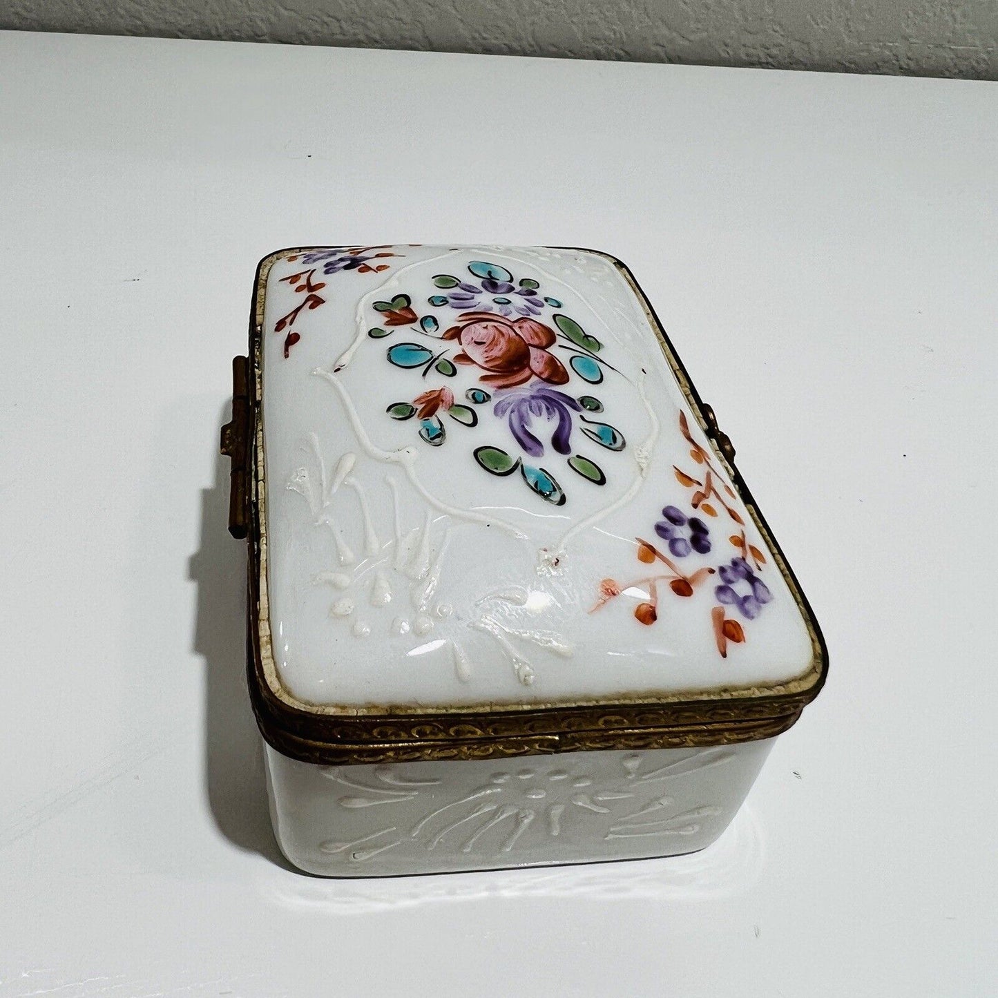 French Trinket Box Porcelain Floral Decoration Made In France with Lid Antique