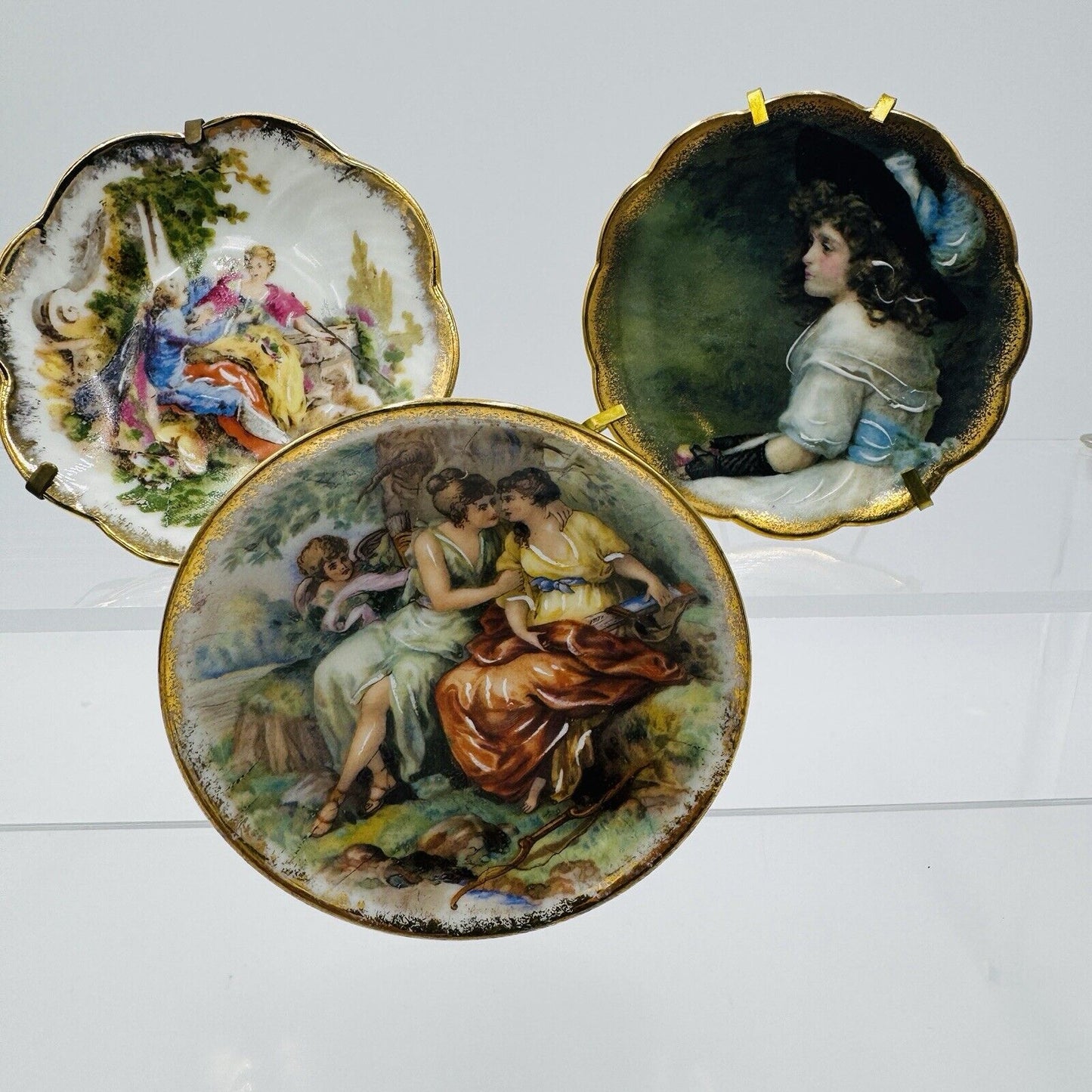 Limoges France Porcelain Painted Miniatures Plates 3.5” Portraits Romantic 3 Pcs