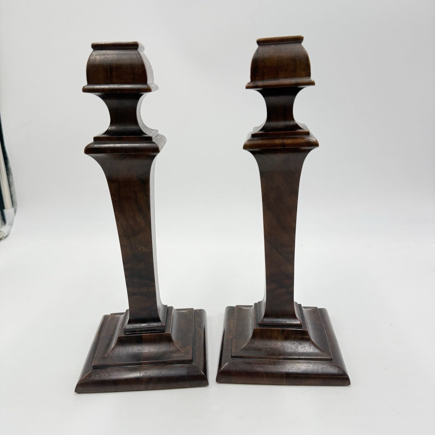 Early 20th Century Walnut Veneer Wood Pedestal Candlesticks Pair Red Velvet 10in