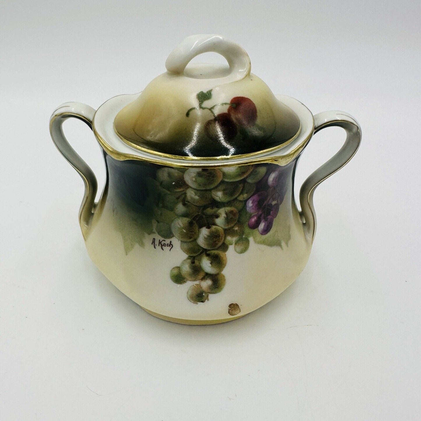 J & C Bavaria Sugar Bowl Louise Lid Hand Painted Grapes Vine Antique Porcelain