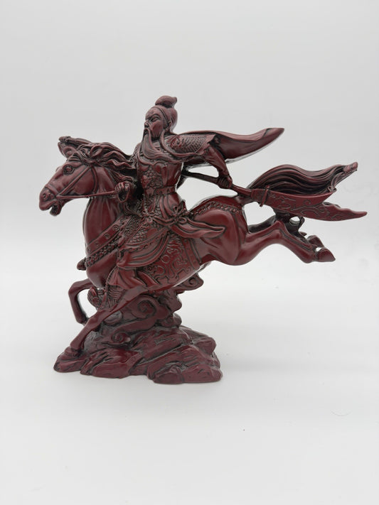 Large Chinese Red Resin Guan Yu Warrior Riding Galloping Horse Sculpture 10”x12”