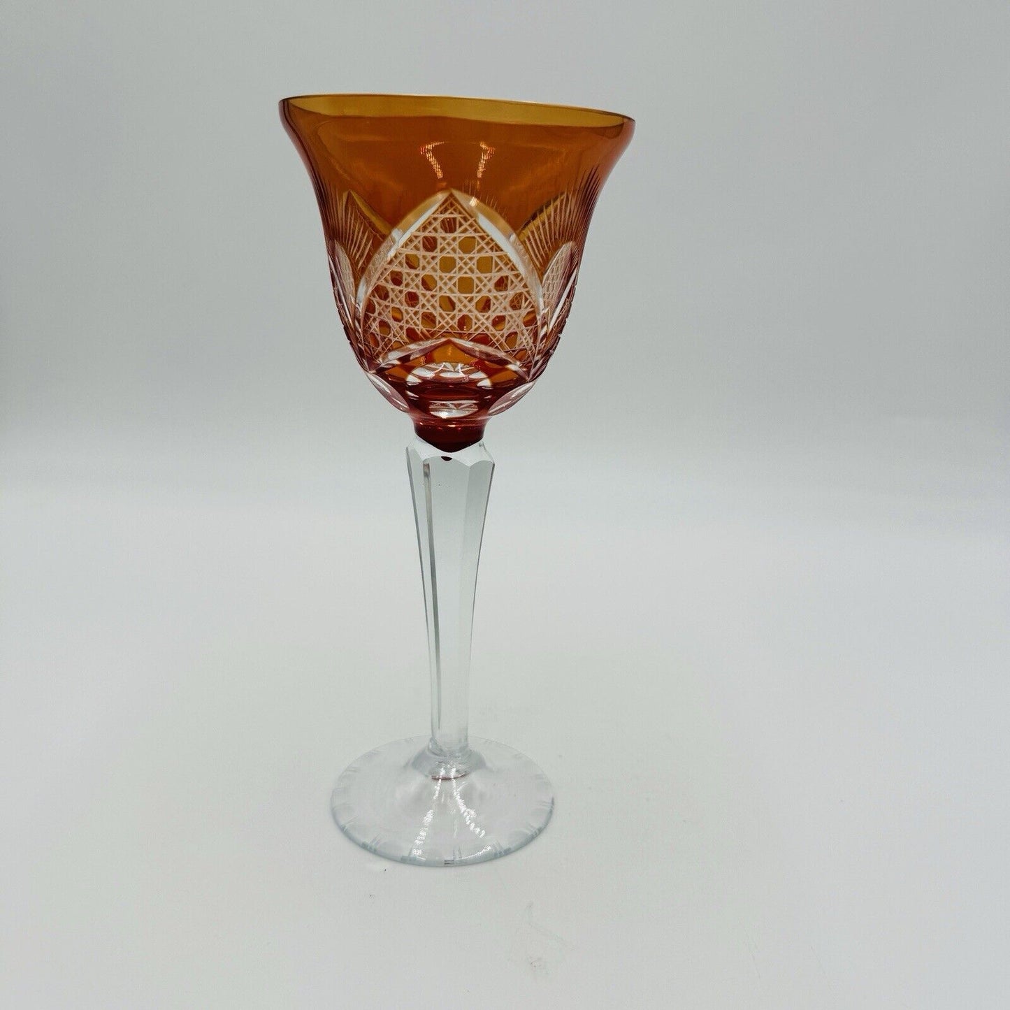 Bohemian crystal cut wine glass orange replacement 8” Vintage Etched