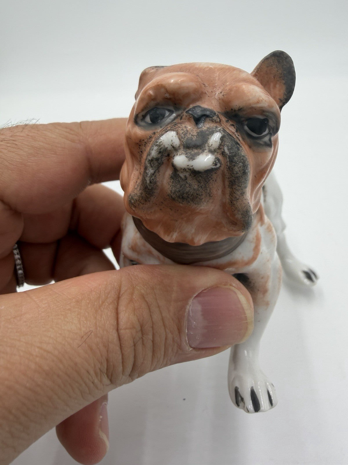 Vintage Porcelain Bulldog Hand Painted Figurine Small Glossy Japan 3”Hx5”L