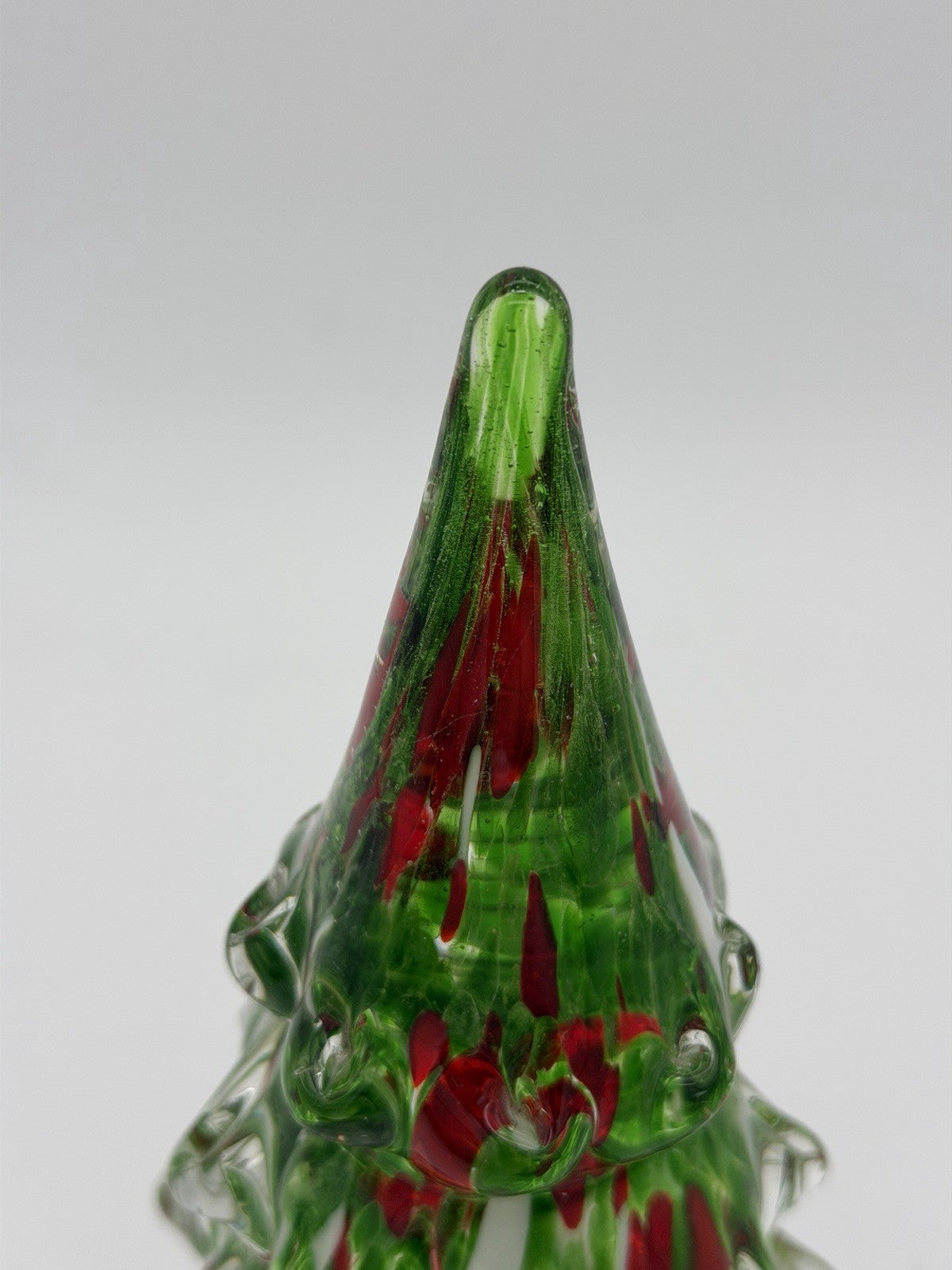 Vtg Hand Blown Art Glass Christmas Tree 9.5”H Green & Red Paperweight Figurine
