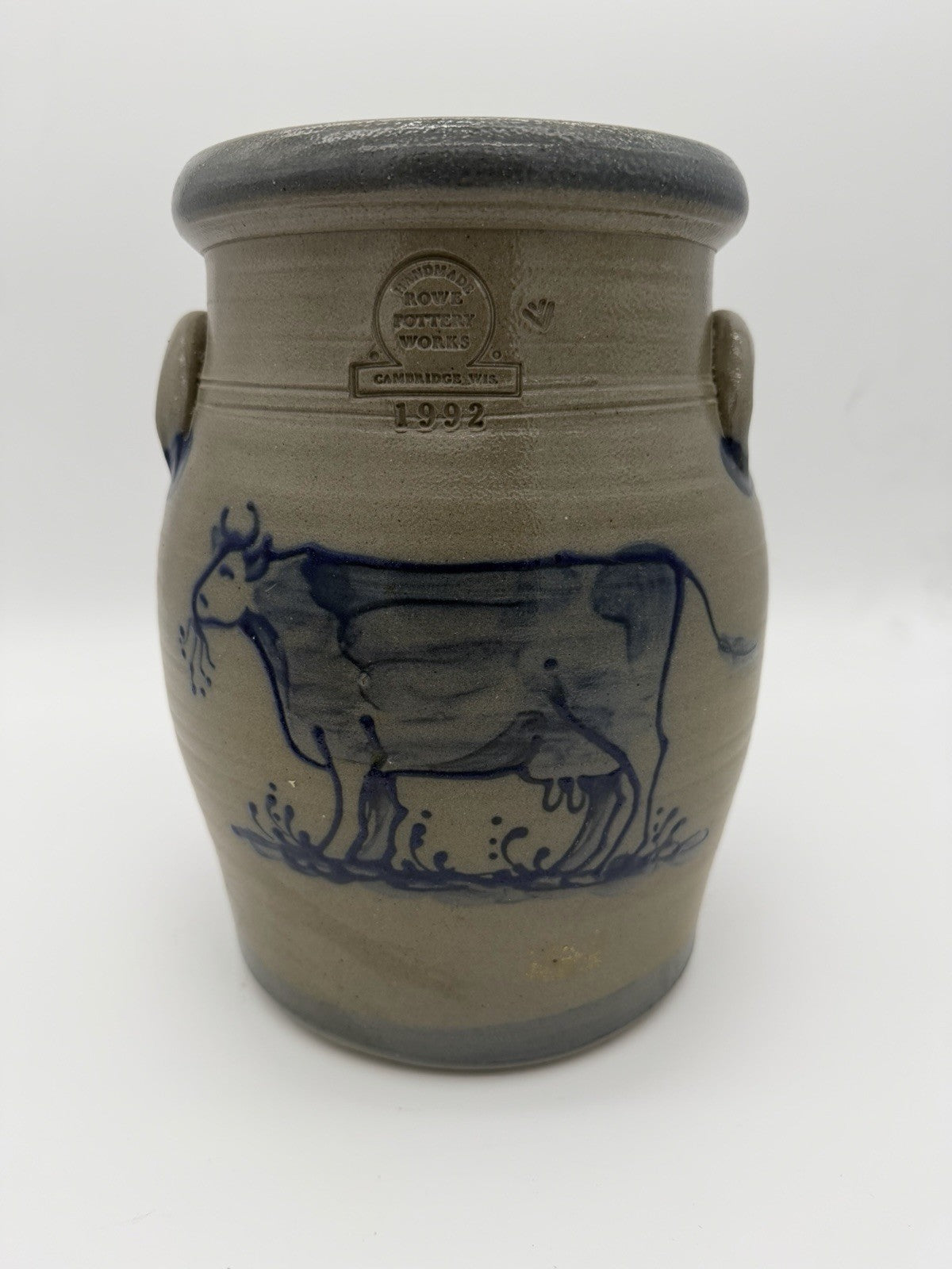 Rowe Pottery Works Lidded Canister Cow Salt Glaze Stoneware 10.75” Gallon 1990
