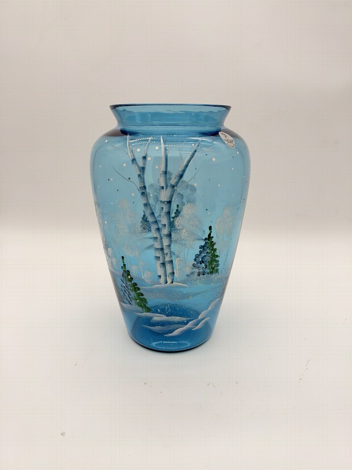 Fenton Art Glass Quality Blue Hand Painted Winter Christmas Scene Vase 8.5”H