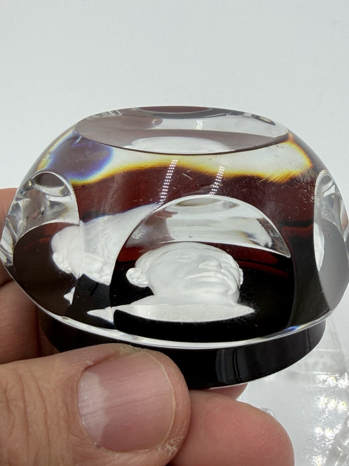 Baccarat France Crystal Adlai Stevenson Faceted Paperweight Red Signed