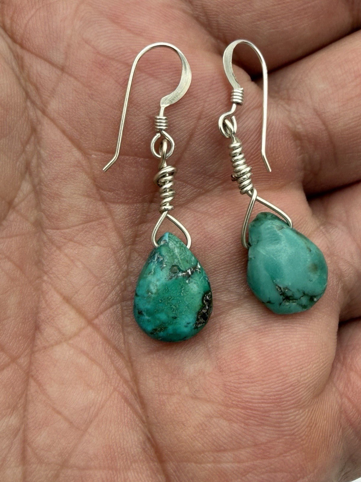 Native Blue Turquoise Nugget Sterling Silver Beads Earrings 1" Women Jewelry