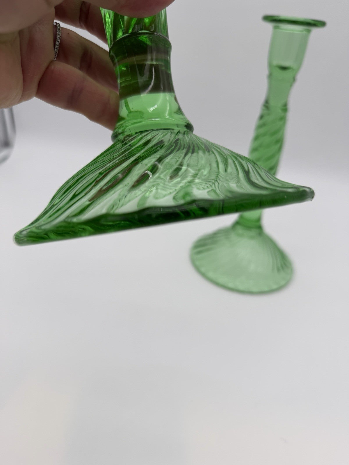 Antique EAPG art glass Swirl Early American Pressed Green mint candlesticks