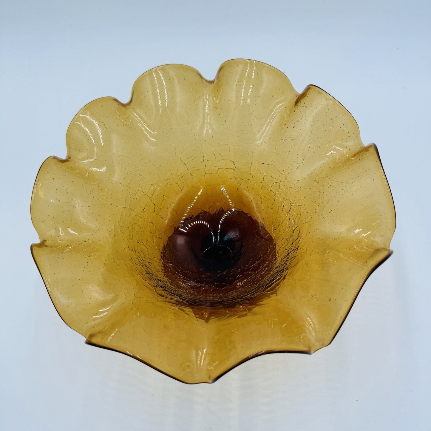 Blenko Art Glass Amberina Footed Vase Ruffled Crackled Compote 5.5in H x 9inW