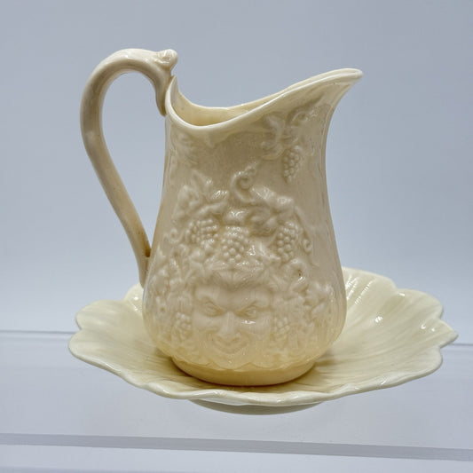Belleek Irish Porcelain Bacchus Mask Grapes Embossed 4” Pitcher