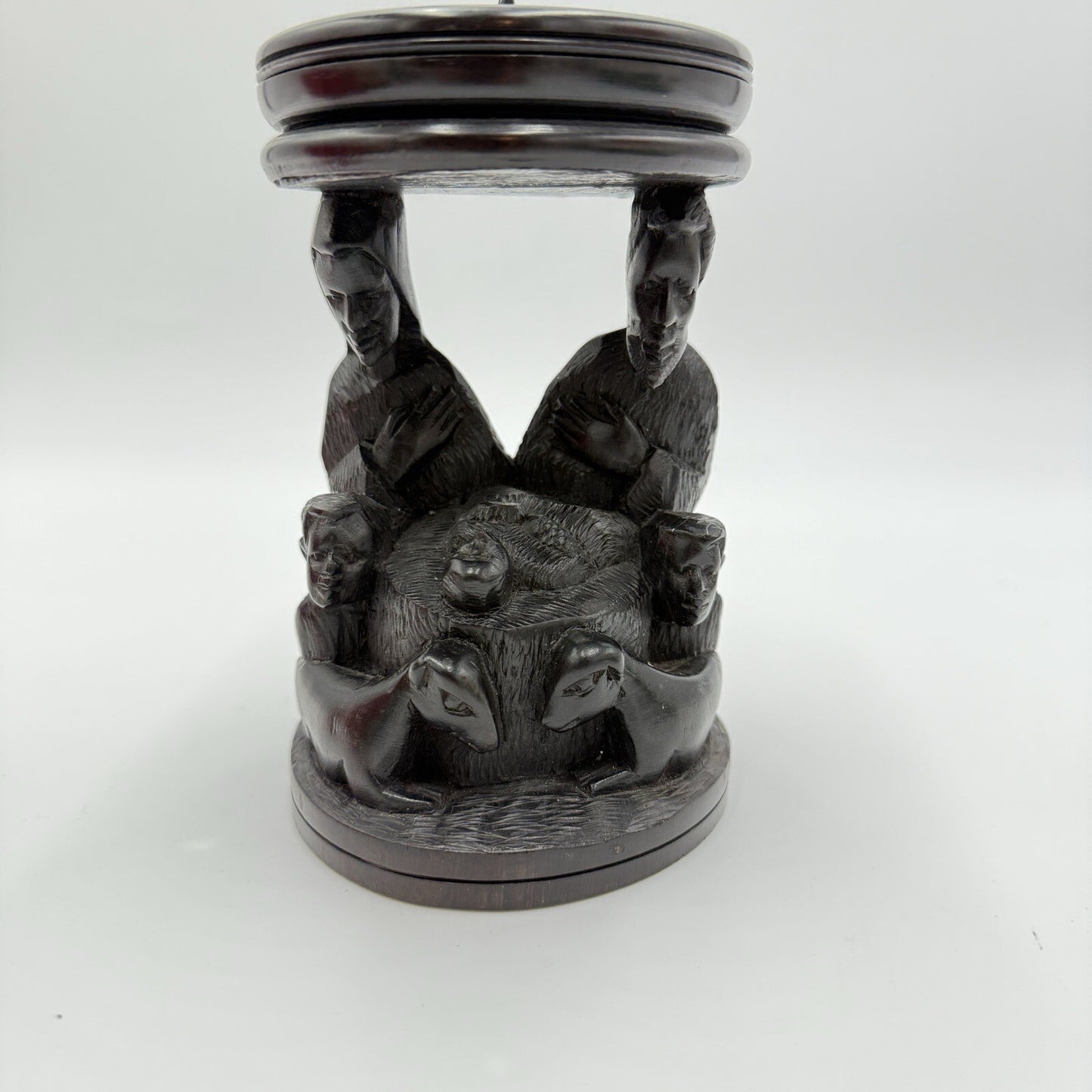 Vintage hand Carved Ebony Wood Nativity Candle Holder Solid Folk Art 6.5in