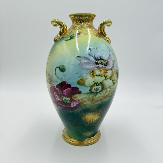 Antique Morimura Bros Nippon Poppy Gold Bead Hand Painted 10” Porcelain Vase Urn