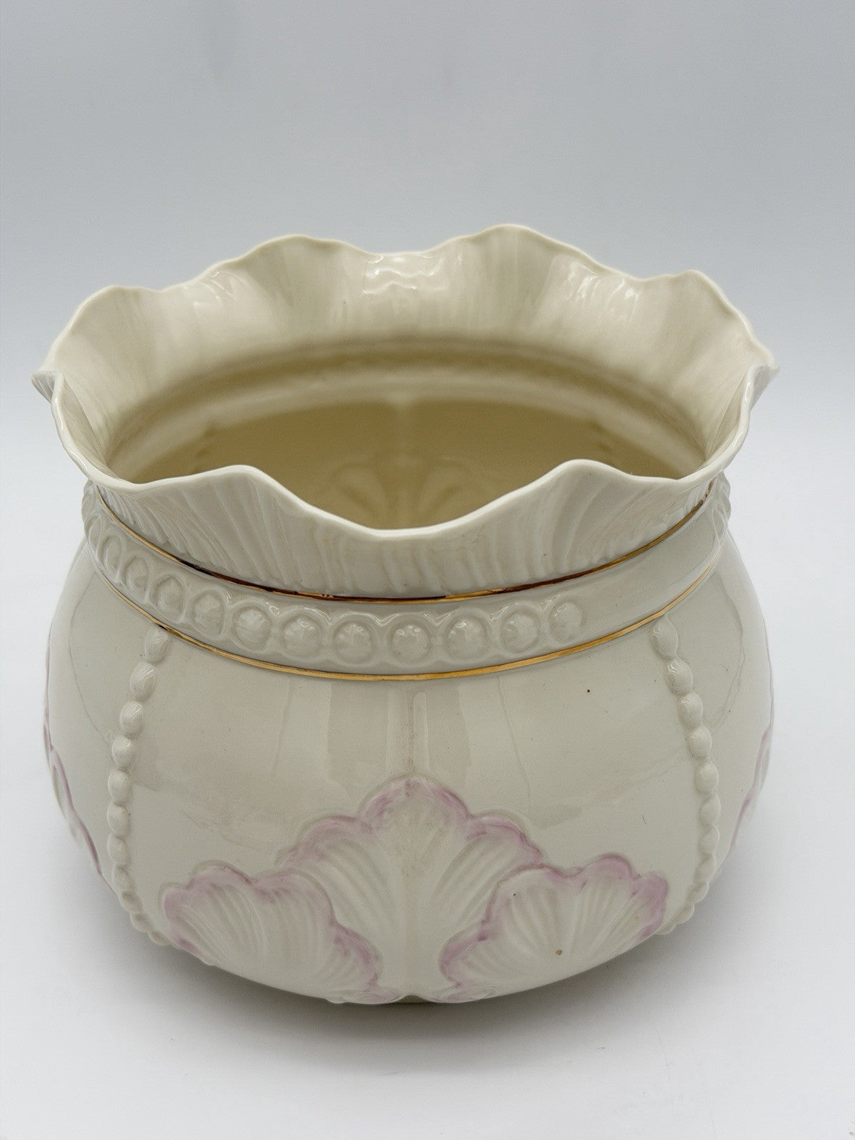 Belleek Ireland Porcelain Rosemore Pink Shell Gold Trim 6" Planter/Bowl Large