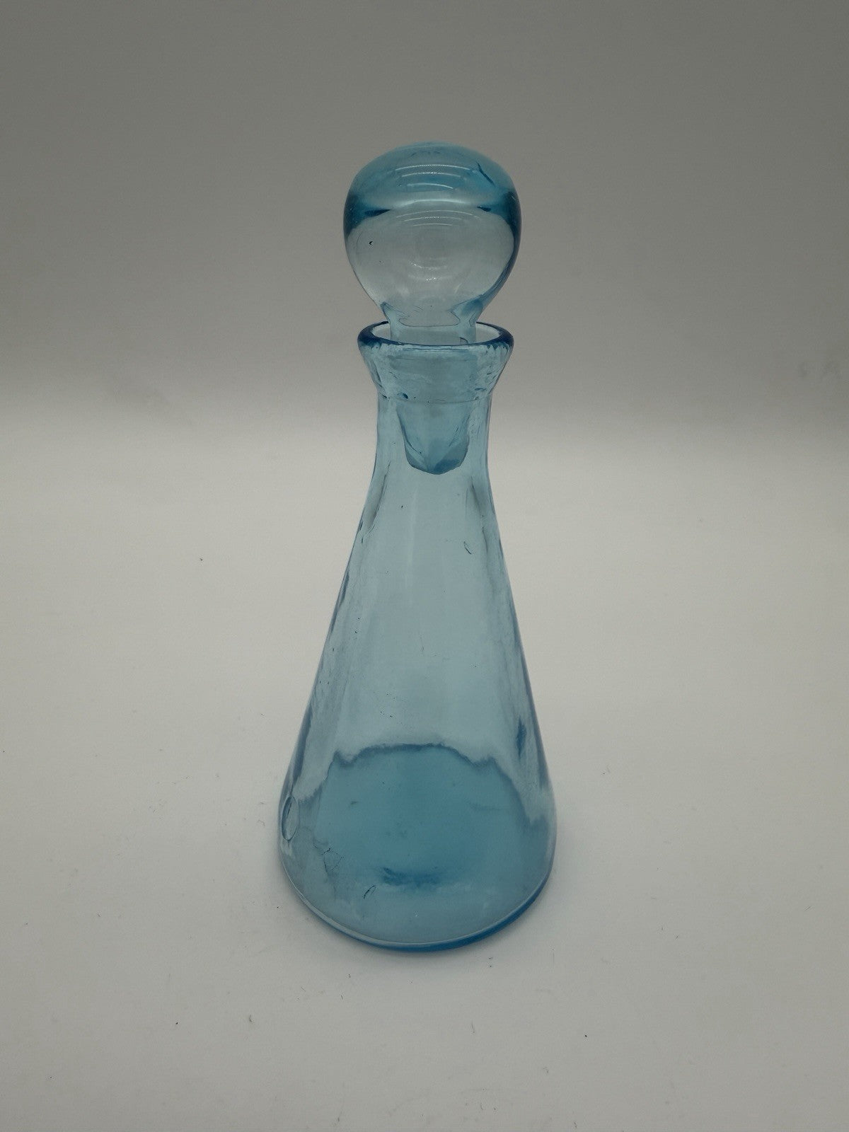 MCM Teal Blue Art Glass Decanter w/Stopper Hand Blown Genie Bottle 6”
