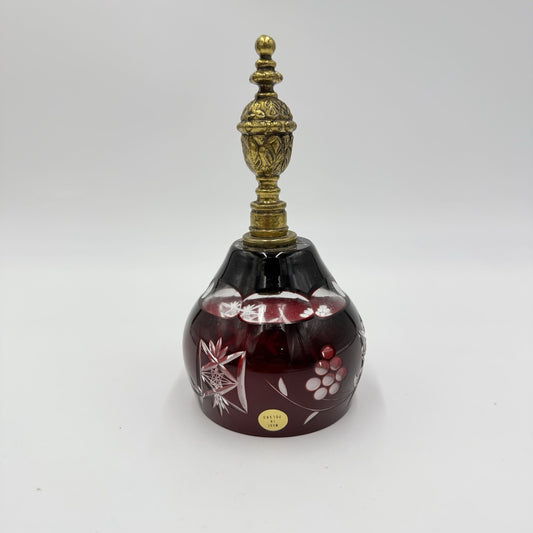 Vtg Ruby Red Art Cut Glass Crystal Bell Ornate Gold Tone Brass Handle Poland