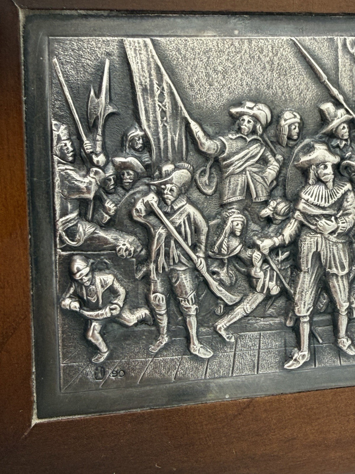 Antique Dutch Silver Mounted Wood Box Keepsake Folk Art Rembrandt’s Night Watch