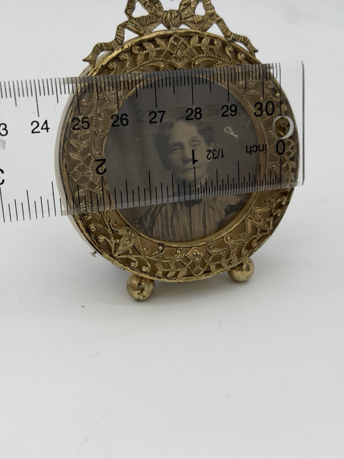 Antique Victorian French Gold Gilt Round Filigree Bow Crest Mini Photo Frame